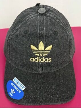 adidas Woman’s Black 100% Cotton Denim Cap with Gold Trefoil/Adjustable Fit NWT